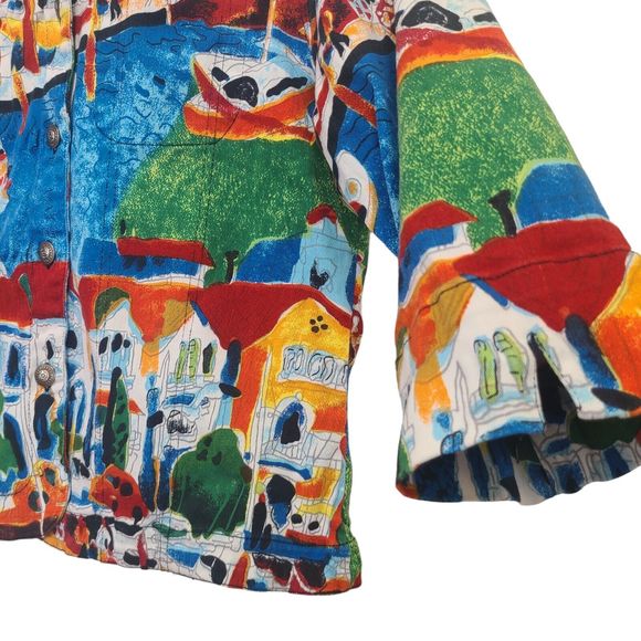 KAKTUS Women’s Multicolored Denim City Boats Jacket Button Up Pockets Size L - Picture 8 of 9